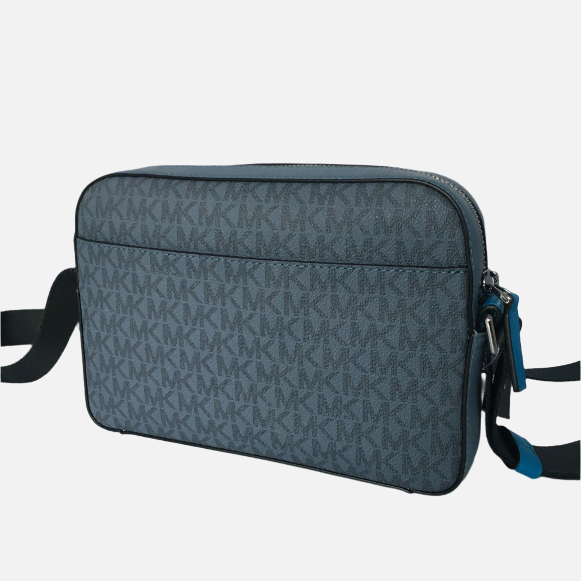 Michael Kors Bags UK Sale Cooper Multi Utility Bag. Back View with Blue Leather Side Zipper and Black Crossbody Strap.
