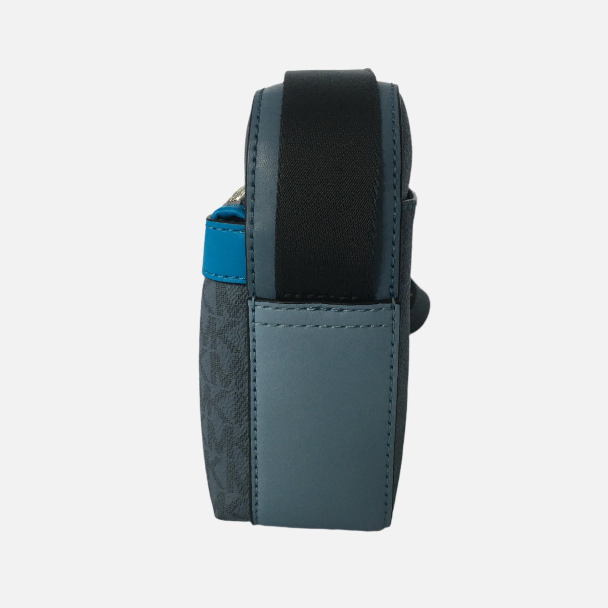 Michael Kors Bags UK Sale Cooper Multi Utility Bag. Blue Leather Side View with  Stitching and Black Crossbody Strap.