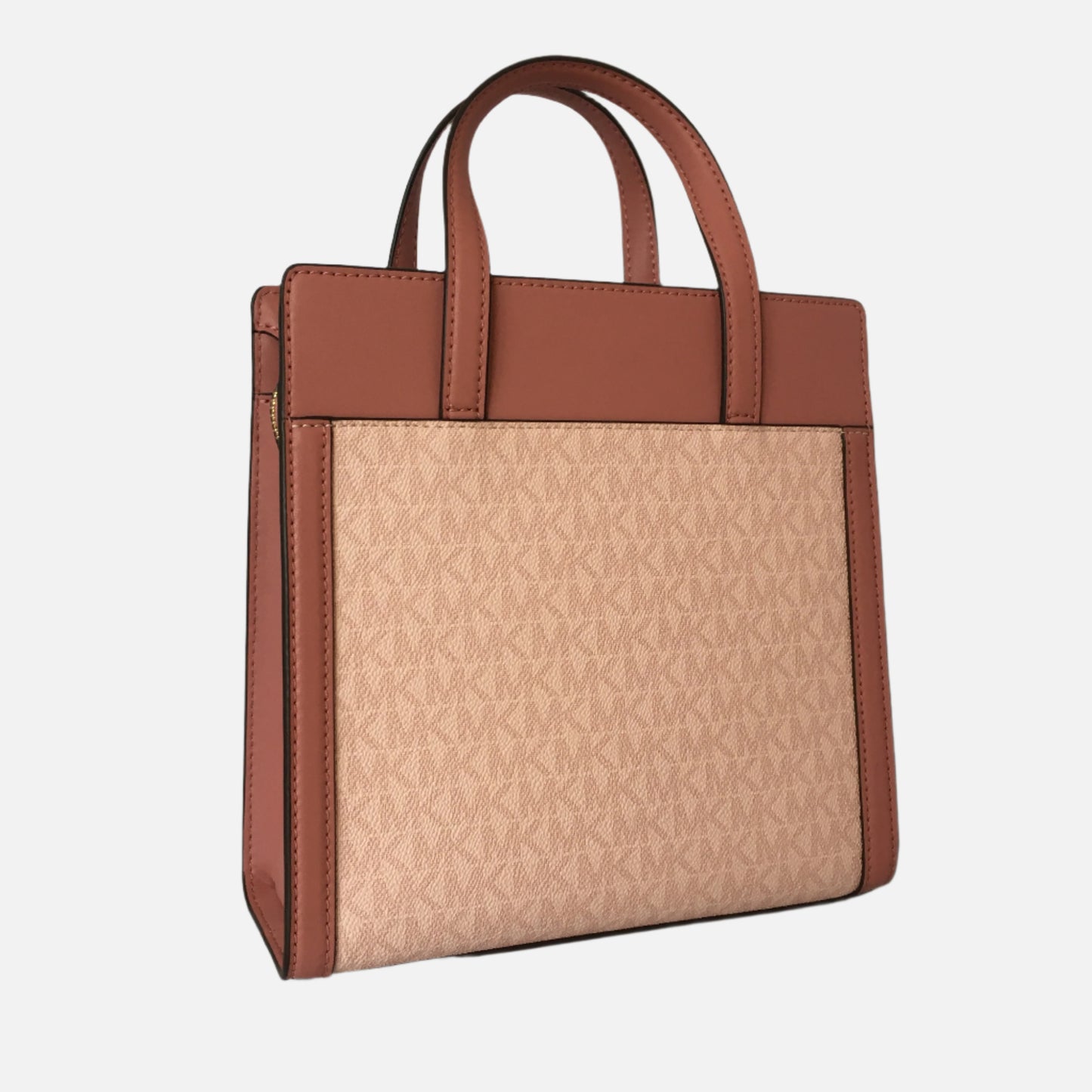Michael Kors Designer Crossbody Bags Cece Small Tote. Stitched Brown Leather Edges and Cream MK Panel Printed Logo Branding.