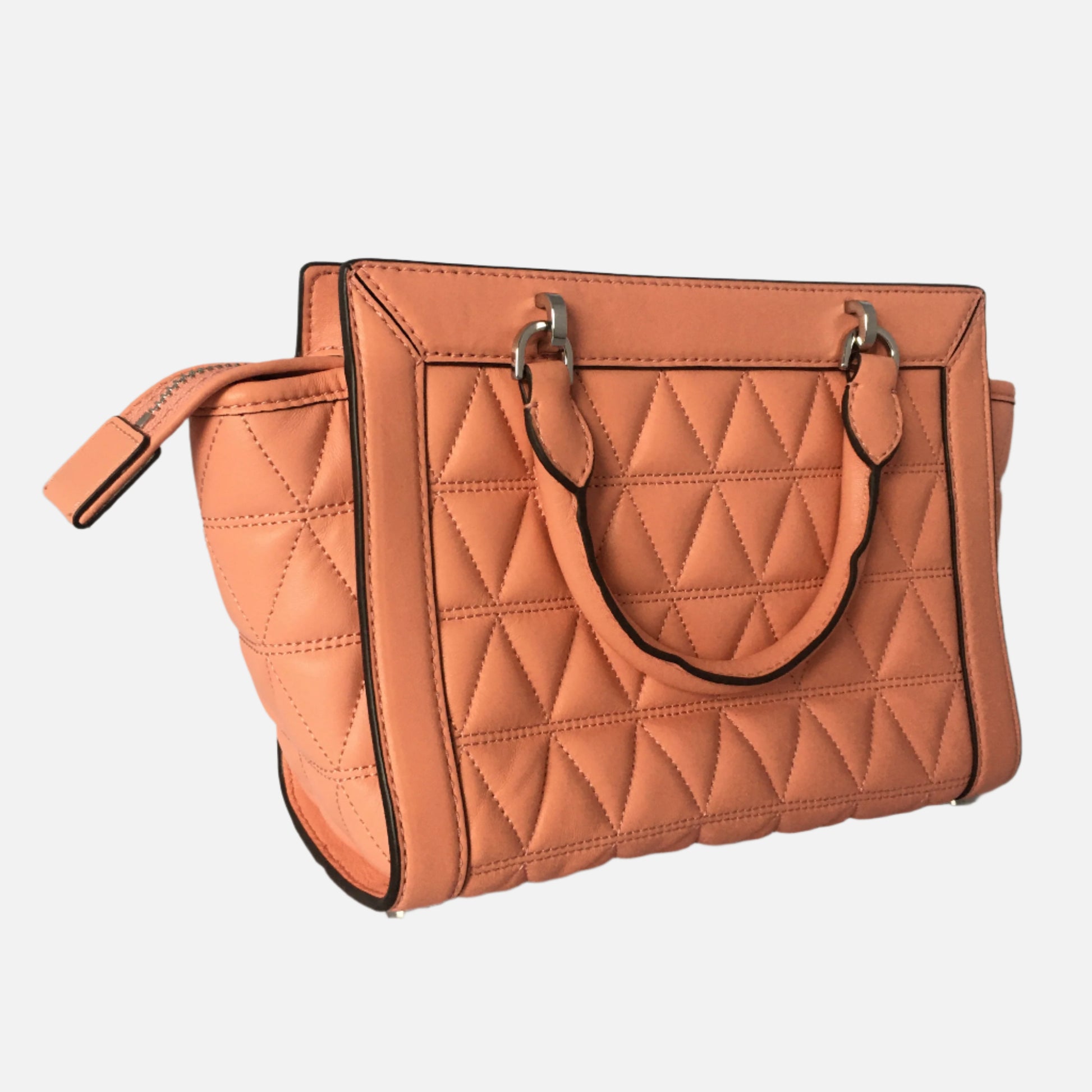 Michael Kors Handbags Women Vivianne Leather Messenger Bag. Back View of Chevron Stitching with Leather Bag Handle.