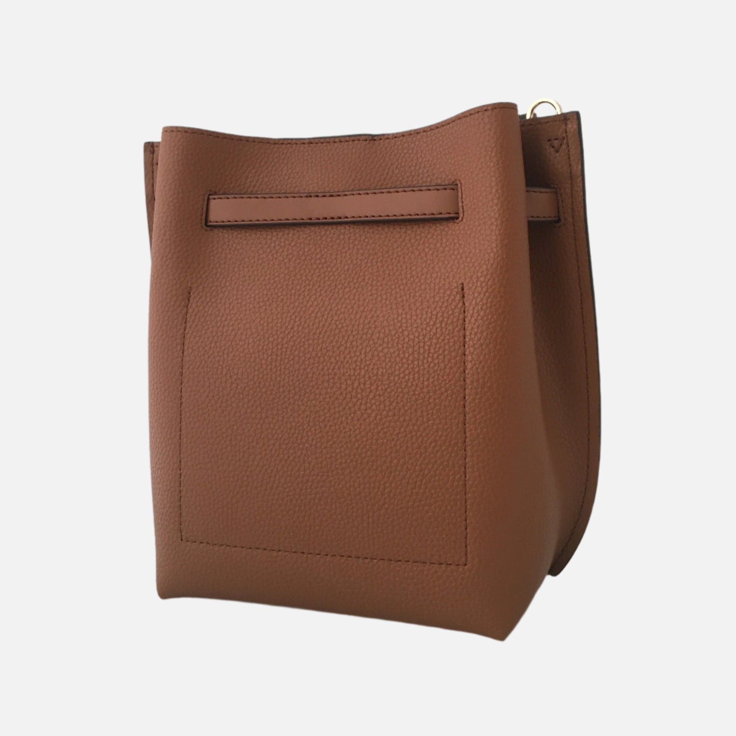 Michael Kors handbags on sale Emilia bucket bag. Rear view brown saffiano leather with stitching.